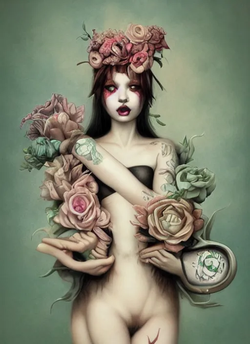 Prompt: pop surrealism, lowbrow art, realistic cute skateboard girl, japanese street fashion, hyper realism, muted colours, rococo, natalie shau, loreta lux, tom bagshaw, mark ryden, trevor brown style,