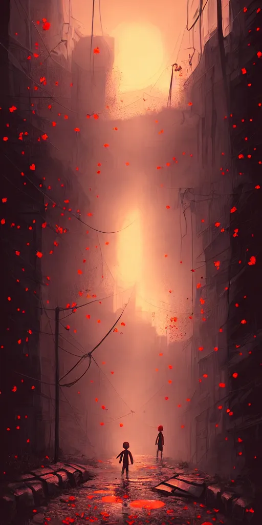Prompt: abandoned apocalyptic old alley with a kid at the centre, trees and stars background, falling petals, epic red - orange sunlight, perfect lightning, illustration by niko delort,