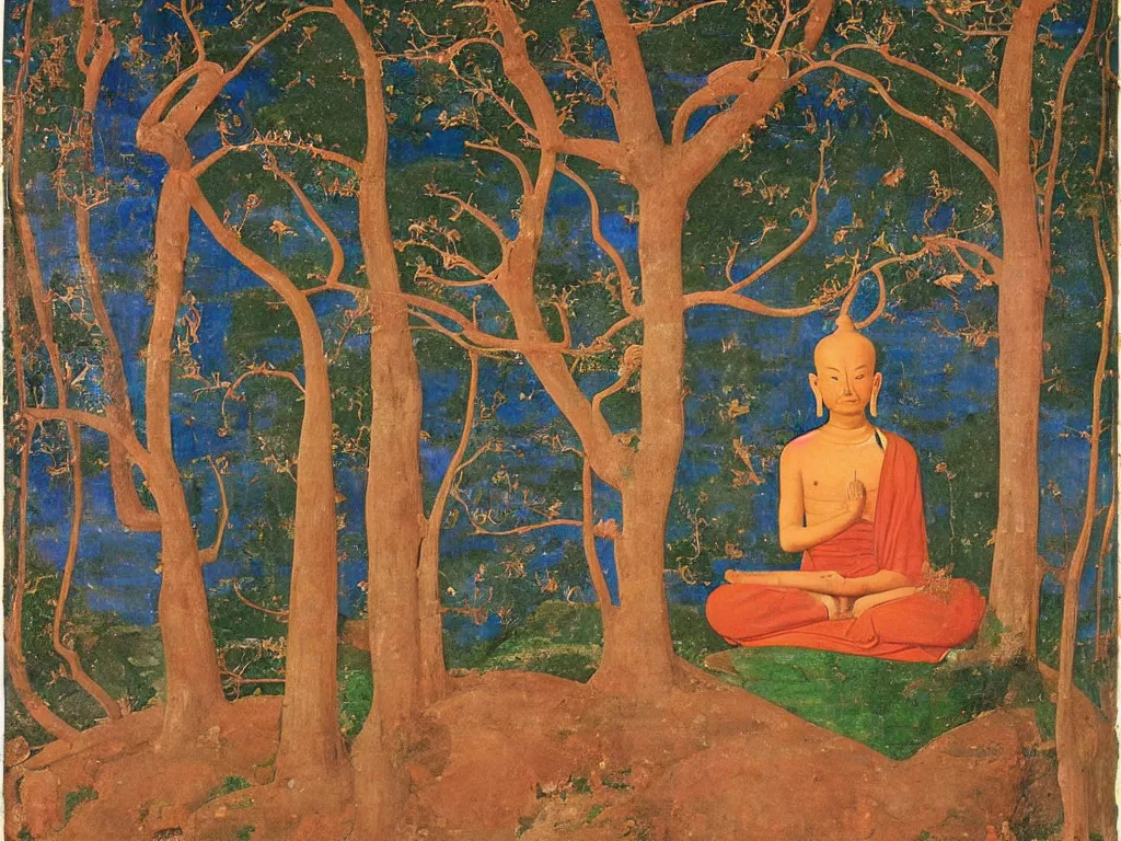 Prompt: portrait of a buddhist deity with cave, dried tree. lapis lazuli, malachite, cinnabar, gold. painting by piero della francesca, balthus, agnes pelton