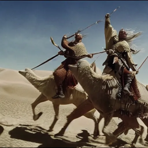 Image similar to the rohirrim riding into battle on camels at minas tirith