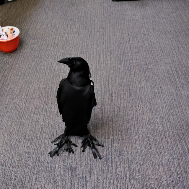 Image similar to a person wearing a fursuit of a crow fursona, fursona, furry convention, hotel lobby, indoors, photograph, furry fandom, photorealistic,