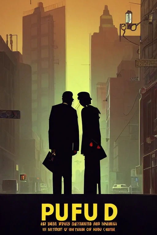 Prompt: Pulp book cover Noir dynamic dutch angle Twin Peaks book movie poster artwork by Tomer Hanuka Rendering of two lovers embrace in the long shadows cast by the streetlight in secret as a dark presence looms, full of details, by Makoto Shinkai and thomas kinkade, Matte painting, trending on artstation and unreal engine