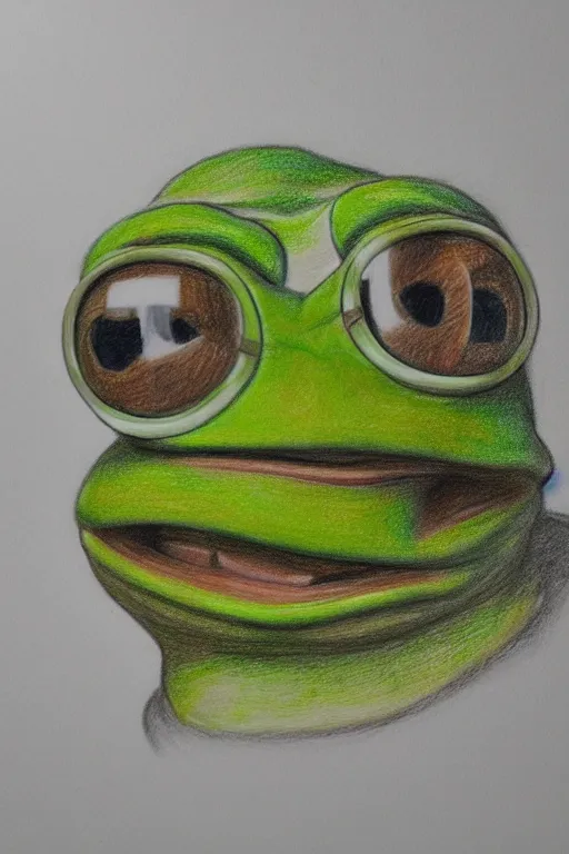 Image similar to portrait drawing of pepe the frog, ultra detailed highly realistic, trending on artstation, rule of thirds, extreme high detail, soft lighting, rim light, volumetric lighting and effects,