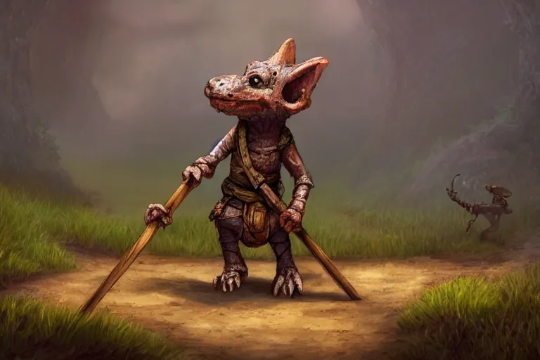 Image similar to a lone d & d kobold, traveling long dirt road, carrying a hobo stick over its shoulder, fantasy setting, 4 k, little draconic humanoid, super detailed, mood lighting, digital art