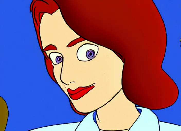 Prompt: dana scully on the x - files : the animated series, shaded animation still, animation model, sharp detail, animation cel, thin linework, in the style of don bluth, bruce timm, alex toth, filmation, toei animation, studio trigger, 5 k, hd