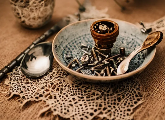 Prompt: dslr photograph of a beautiful bowl filled with rusty nails screws and bolts with a spoon next to it on a lace napkin, 8 5 mm f 1. 8