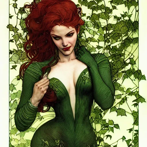 Image similar to a beautiful painting of poison ivy dressed as mary jane watson, intricate, elegant, highly detailed, digital painting, artstation, concept art, matte, sharp focus, illustration, art byby rebecca guay and by arthur rackham and by alphonse mucha and by john william waterhouse, comic book style!!