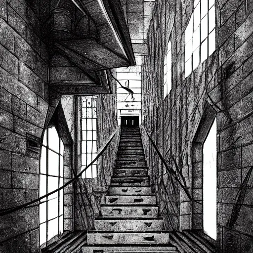 Image similar to a terrifying dark hallway with many doors and many stairs, impending doom, horror, Mc Escher architecture, epic composition, anime key visual