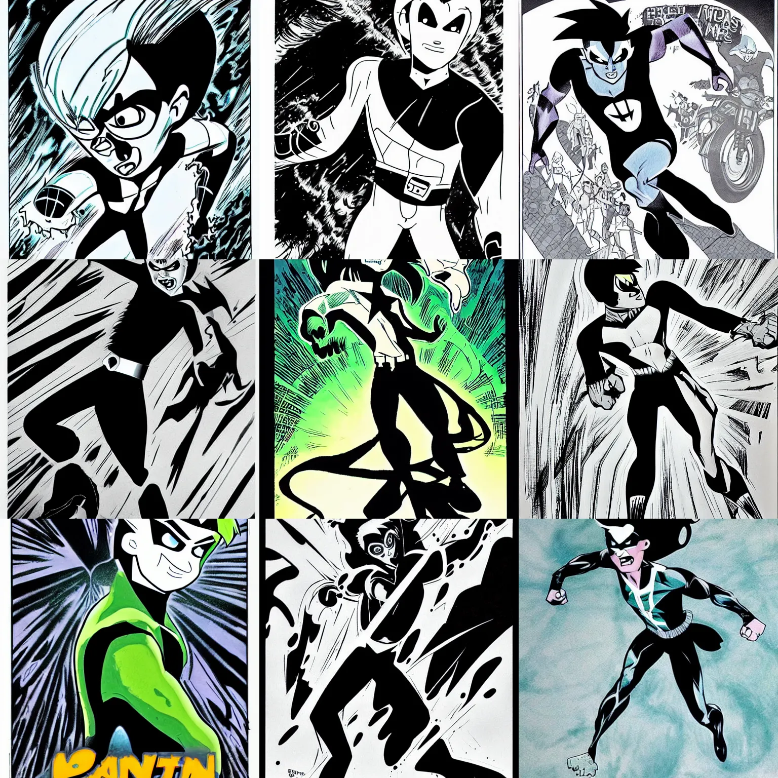 Prompt: danny phantom by frank miller, 8 0's airbrushed comic book art, in the style of frank miller, gritty dark graphic novel, heavy inked lines, published by vertigo, realistic anatomy