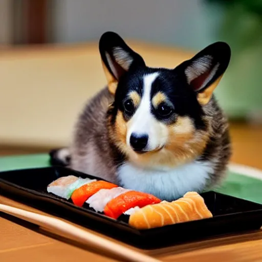 Prompt: a cute corgie lives in a house made of sushi. Photography.