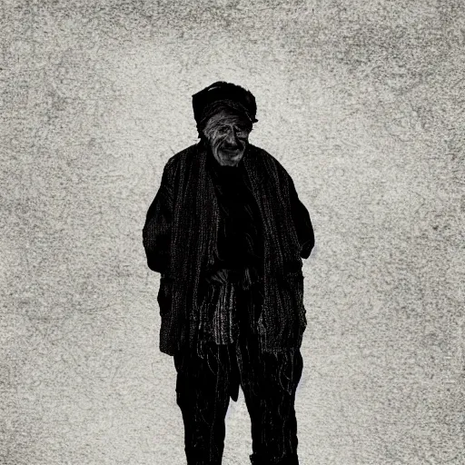 Image similar to detailed half body digital art of a old person wearing ragged and ruined clothes. the background is pure black with a little bit of glow behind the character