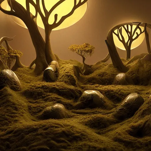 Image similar to rhizomuse, diorama, stunning photo, artist impression, cgsociety, abstract sculpture, warm ambient lighting, glow, deep shadows, hyperdetailed, 8K