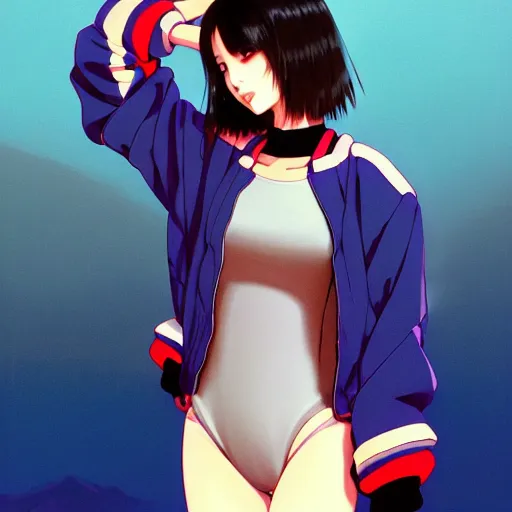 Image similar to a beautiful japanese natalie portman gravure model, wearing oversized native designer bomber jacket and leotard with overalls, bulky poofy bomber jacket with mesoamerican patterns, mesoamerican native street fashion, gapmoe yandere grimdark, trending on pixiv fanbox, painted by greg rutkowski makoto shinkai takashi takeuchi studio ghibli, akihiko yoshida