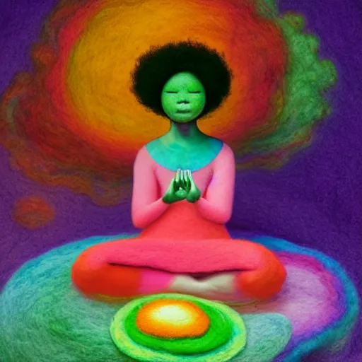 Prompt: a black girl with a colorful afro and big beautiful eyes meditating in a rainbow magic mushroom zen garden, bokeh, bright colors, synthwave, watercolor, volumetric wool felting, felt, macro photography, children illustration, by goro fujita