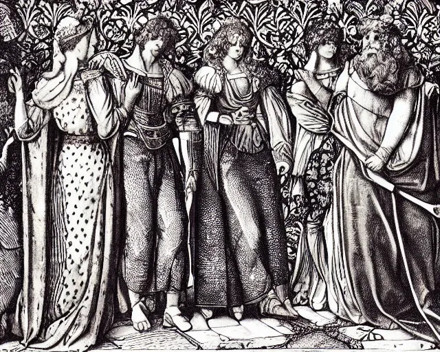 Image similar to lancelot and the four queens by william morris, monochrome,