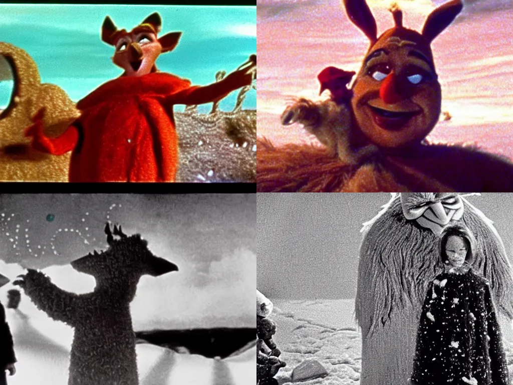 Prompt: film still of Gaiman's Sandman in Rudolph, the Red-Nosed Reindeer (1964)