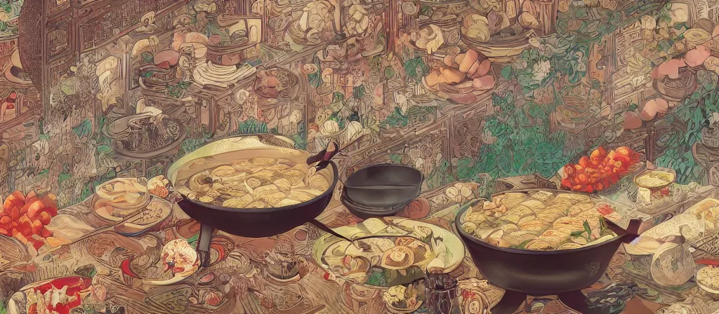 Prompt: a beautiful hyperdetailed 4 k hd wall paper illustration of roasted string hotpot, wallpaper design, simple style, marketing kebab hotpot wallpaper display, wall painting, from china, with merchant logo, simple structure, surrealistic, chinese style, victo ngai, james jean