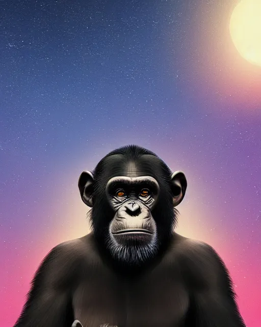 Image similar to very detailed high resolution illustration of a mystical chimpanzee, backlit, stars, night, surrounded, 3 d, 8 k, extremely detailed, artstation, award winning