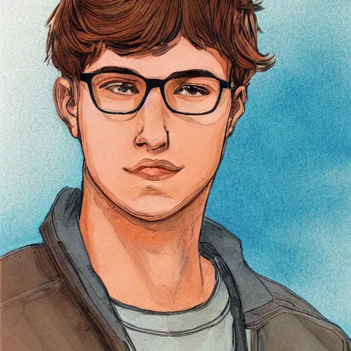 Image similar to a head - on highly detailed matte comic - style colorful portrait of a 2 0 - something engineering student, brown messy hair, by laurie greasly