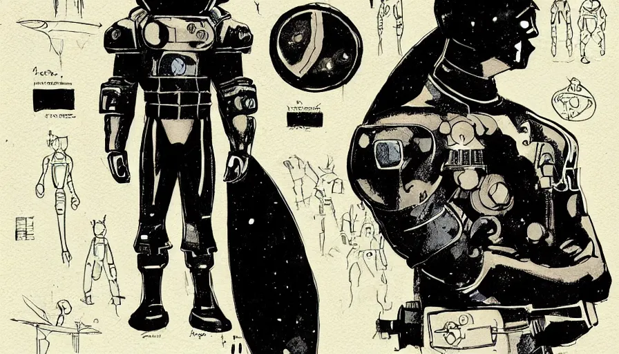 Image similar to male, heroic figure, space suit, science fiction, sketch, character sheet, very stylized, upa style, digital art, illustration, pen and ink, by mike mignola, by alex maleev