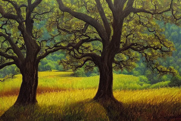 Image similar to masterpiece painting of oak trees on a hillside overlooking a creek, dramatic lighting, by jane graverol