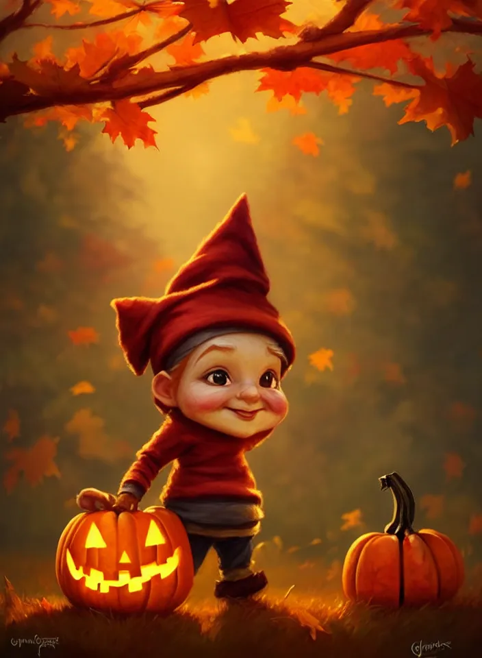 Prompt: hand drawn cute gnomes face in autumn disguise holding pumpkin and maple leaf, detailed face, concept art, low angle, high detail, warm lighting, volumetric, godrays, vivid, beautiful, trending on artstation, by jordan grimmer, huge scene, grass, art greg rutkowski