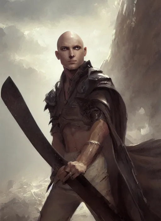 Image similar to a young man with wide, intense eyes. he is bald and clean shaven, dressed entirely in white and holding a huge sword. painting by greg rutkowski and raymond swanland