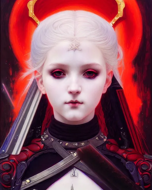 Image similar to portrait of beautiful cute young goth maiden girl with white hair in warhammer armor, red lighting, art by ( ( ( kuvshinov ilya ) ) ) and wayne barlowe and gustav klimt and artgerm and wlop and william - adolphe bouguereau