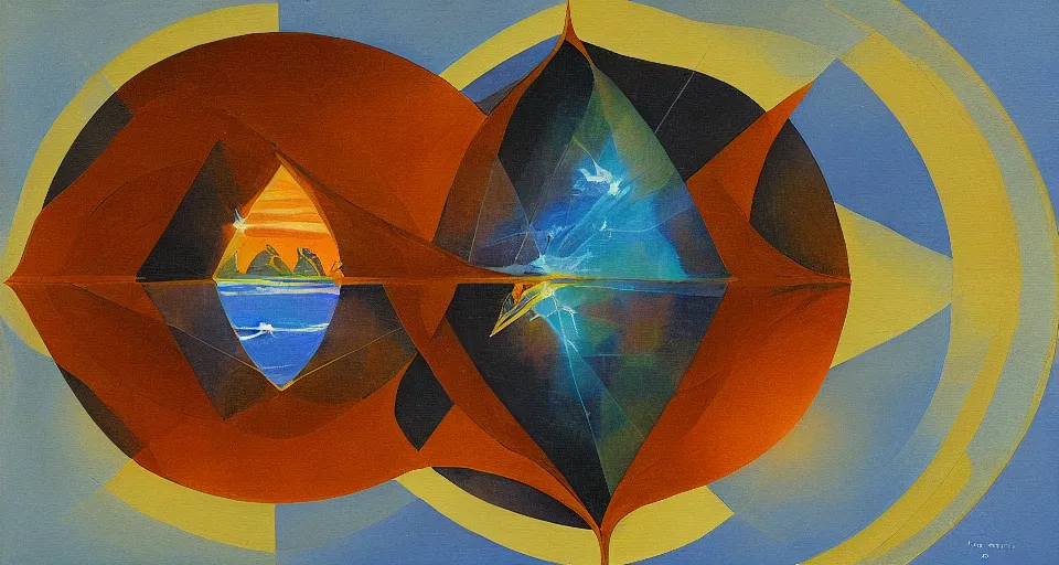 Image similar to solar sail in the shape of a hexagon between the sun and earth, art deco painting