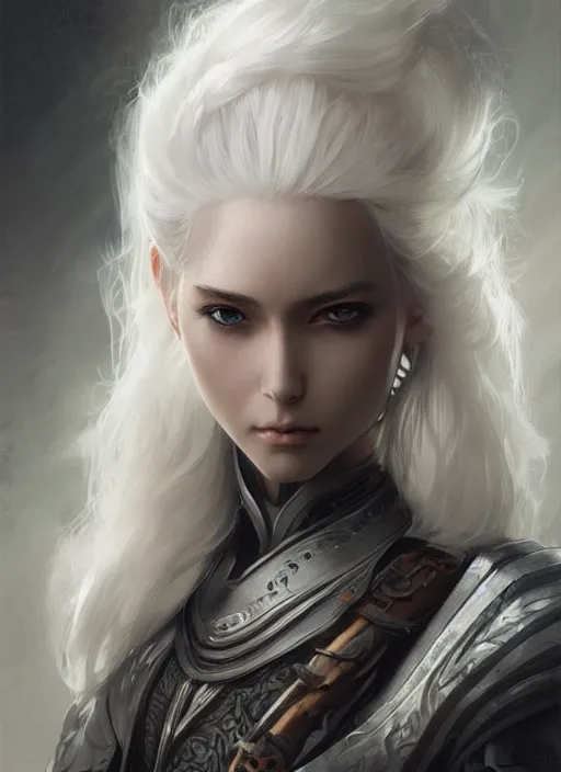 Image similar to girl with shoulder length white hair, steel samurai armor, beautiful highly detailed face, beautiful painting by artgerm and greg rutkowski and raymond swanland