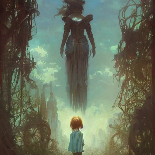 Image similar to an unimaginable artificial horror menacingly looms over a crouched, scared girl by stanley artgerm lau, greg rutkowski, thomas kindkade, alphonse mucha, loish, norman rockwell.