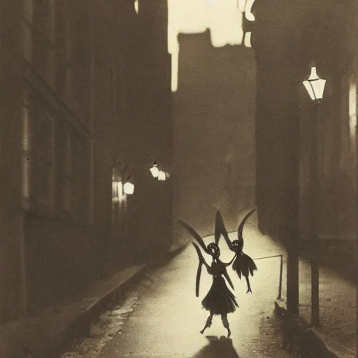 Image similar to a historical old photograph of two fairies flying through a street in brooklyn in the roaring twenties, amazing, in the evening, lights, romantic