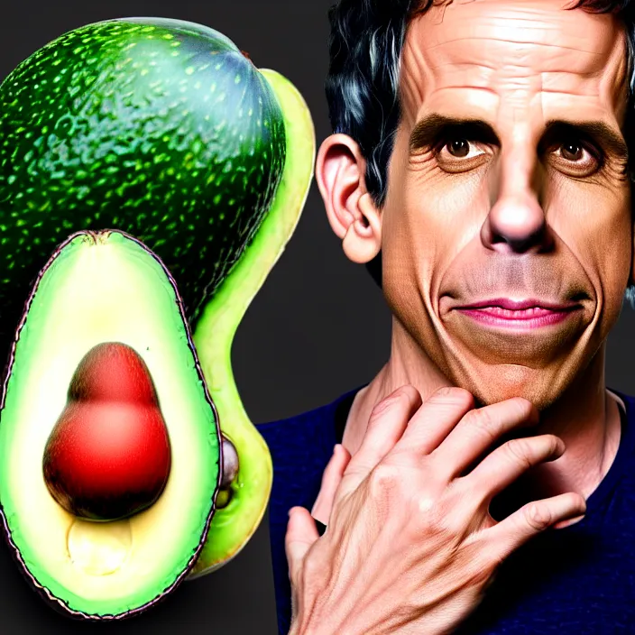 Image similar to ultra realistic illustration of ben stiller in the shape of an a ocado, in the lotus position meditating with closed eyes, balancing stack of avocado