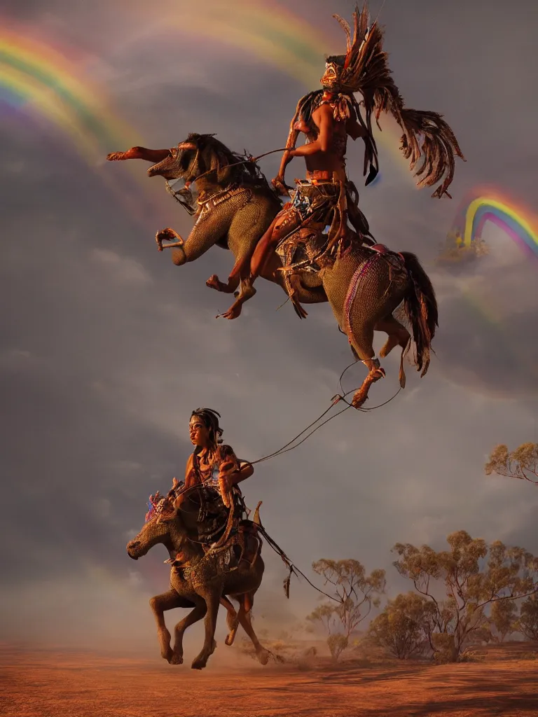 Prompt: a mystical aboriginal riding the rainbow serpent through outback australia, by viktoria gavrilenko, octane render, 8 k, beautifully lit