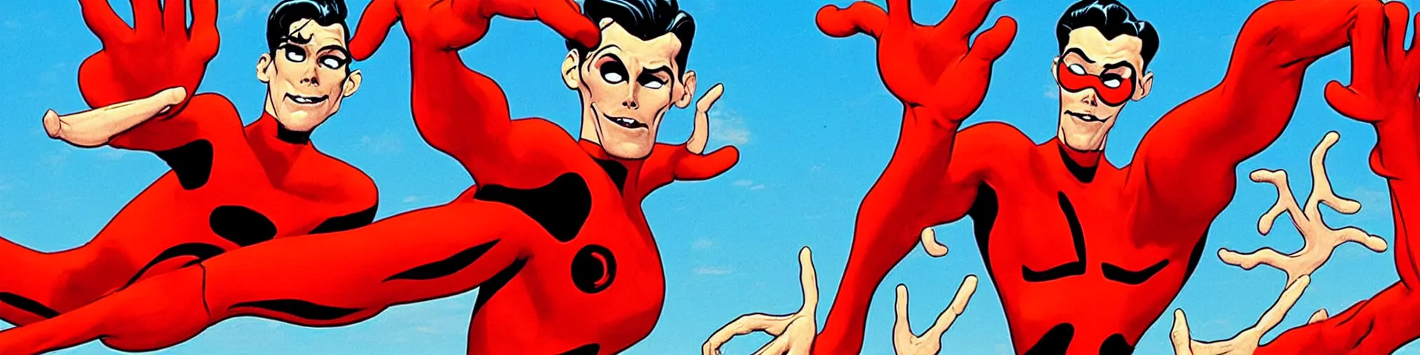 Image similar to plasticman showing off his weird limbs illustrated by todd mcfarlane with very long hands and arms and fingers and legs and feet twirling and twisting around on a very sunny day in another dimension, funny, silly