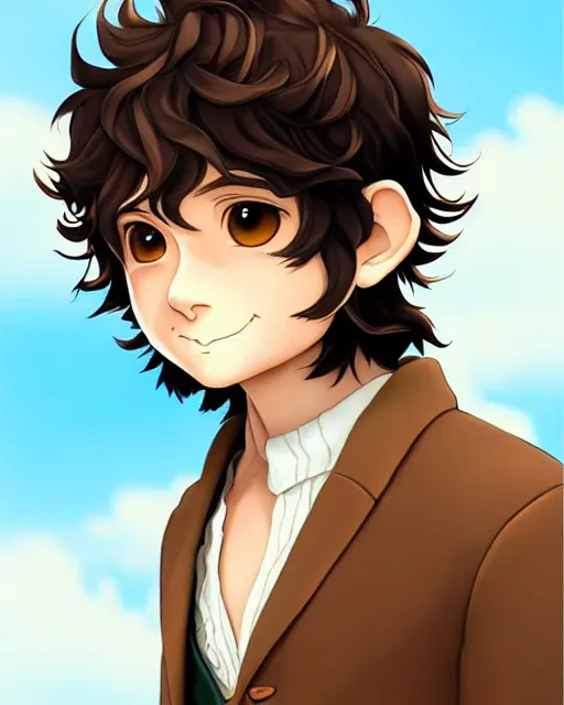 Image similar to portrait Anime joyful Hobbit Frodo Baggins; velvet brown jacket, backpack, Shire background || cute-fine-face, pretty face, realistic shaded Perfect face, fine details. Anime. realistic shaded lighting by Kim Jung Gi