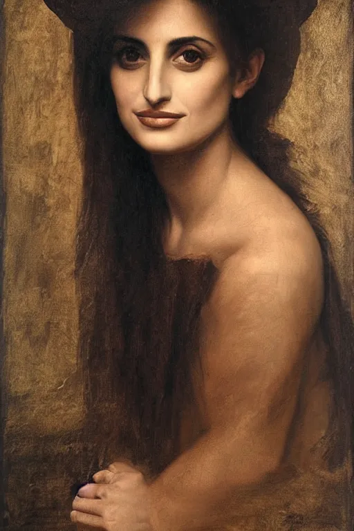 Image similar to oil painting, portrait of penelope cruz, artwork by leonardo da vinci