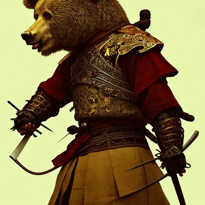 Image similar to anthropomorphic samurai bear, diffuse lighting, fantasy, intricate, highly detailed, lifelike, photorealistic, digital painting, artstation, illustration, concept art, smooth, sharp focus, art by alphonse mucha