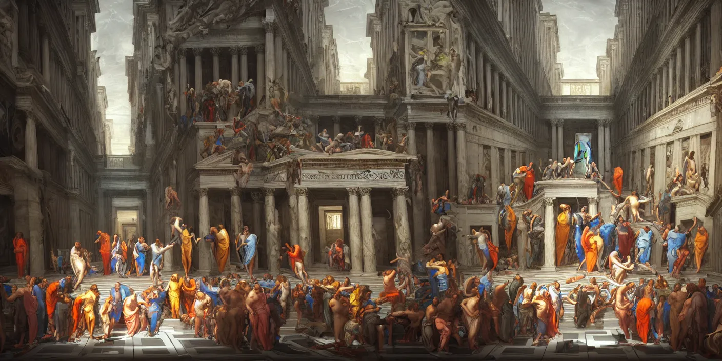 Image similar to the school of athens paiting, cyberpunk, hyper detailed, neon, concept art, award winning concept art