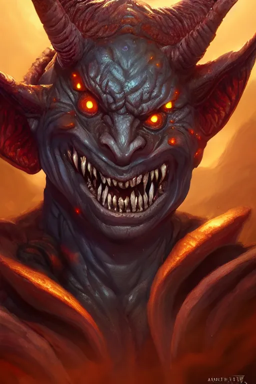 Image similar to demon imp grinning, highly detailed, d & d, fantasy, highly detailed, digital painting, trending on artstation, concept art, sharp focus, illustration, global illumination, ray tracing, realistic shaded, art by artgerm and greg rutkowski and fuji choko and viktoria gavrilenko and hoang lap, sunny