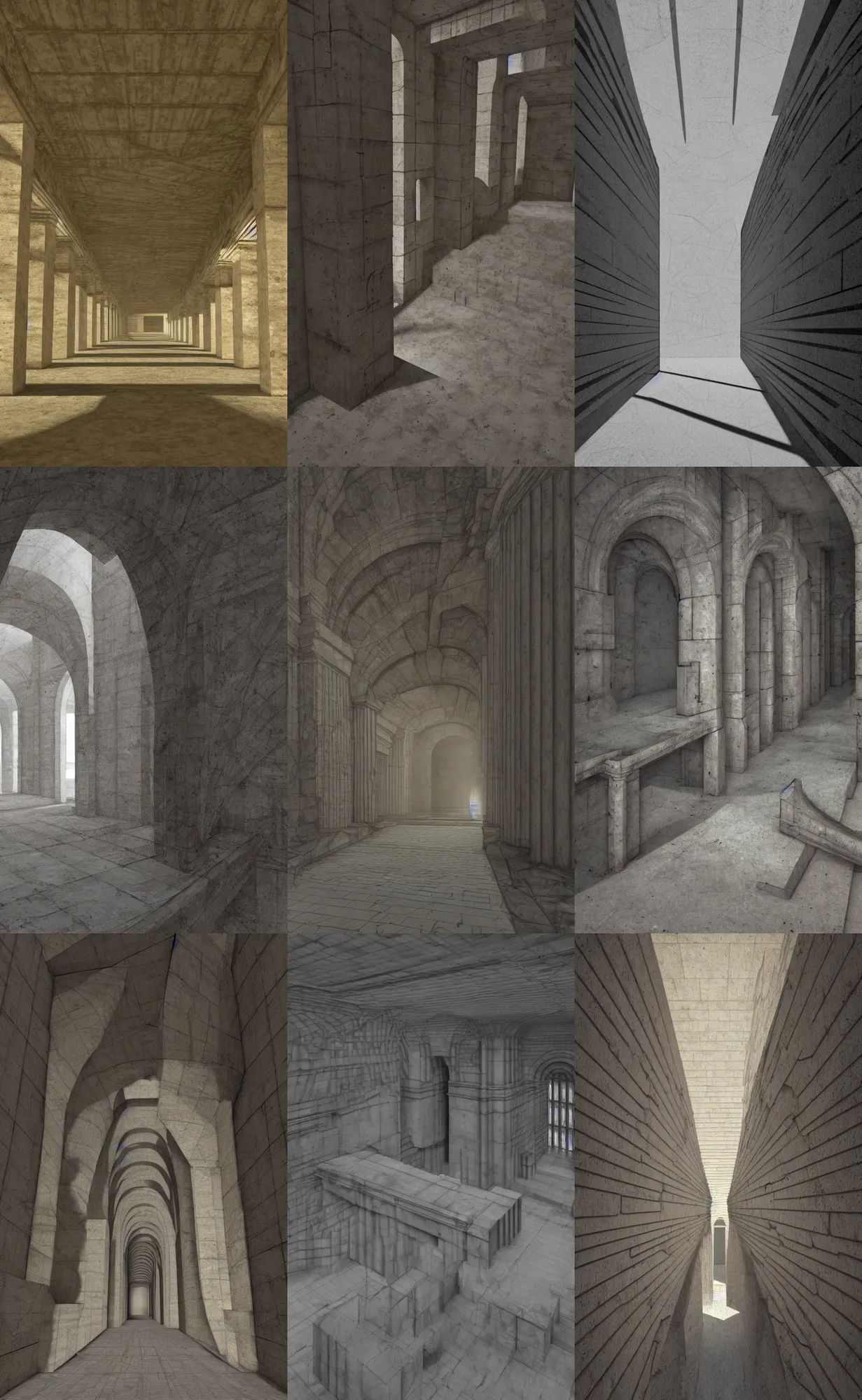 Prompt: contrast painting in the style of Hugh Ferriss and Gérard Trignac and Michael Whelan, brutal concrete interiors, roman architecture, archs and walls, low view, deep shadows, low poly 3d render, volumetric light