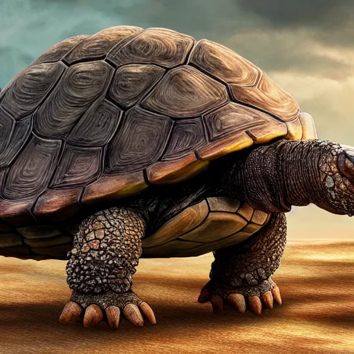 Image similar to gargantuan tortoise with a large fantasy castle armor walking through a sandy wasteland, distant shot centered birds eye view, fantasy, hyper detailed, 4 k, howls moving castle, mortal engines