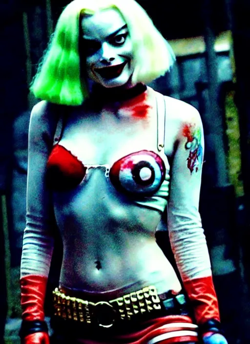 Prompt: 2 8 mm photo of beautiful suicide squad happy margot robbie with long white hair that looks like harley quinn standing on the wet street of dystopian gotham city at night, angry frown, seductive camisole, pinup, glamour fashion pose, watercolor, frank miller, moebius, jim lee, cinematic, ridley scott, lens flare, annie leibowitz
