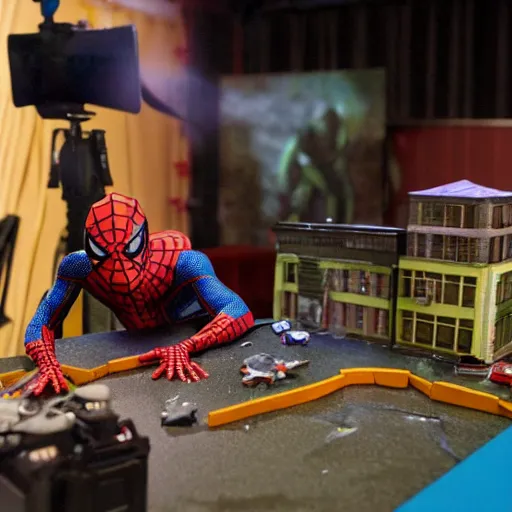 Image similar to a photo of a stopmotion animation filming set of spiderman