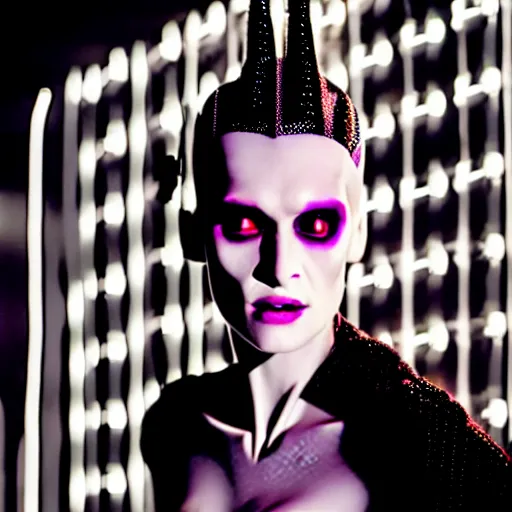 Prompt: cinematic portrait of model kristen mcmenamy as bride of frankenstein as a replicant in a busy nightclub, frightened and angry, still from the movie ex machina, fashion photography, a neon sign is in the background