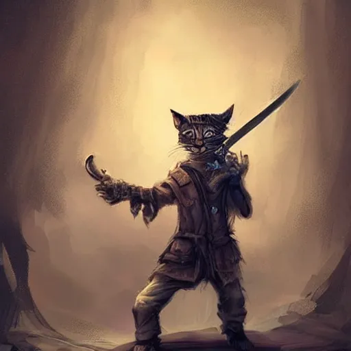 Image similar to humanoid homeless cat wielding a sword and wearing rags, d & d, fantasy, concept art, trending on artstation