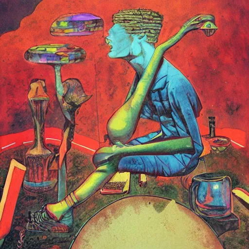 Prompt: post - punk album cover, new age, magic stone, psychedelic, dark, enki bilal