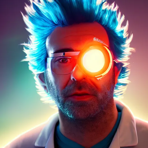 Image similar to portrait of rick sanchez, lab coat and tee shirt, lens flare, atmosphere, glow, detailed, intricate, full of colour, cinematic lighting, trending on artstation, 4 k, hyperrealistic, focused, extreme details, unreal engine 5, cinematic, masterpiece