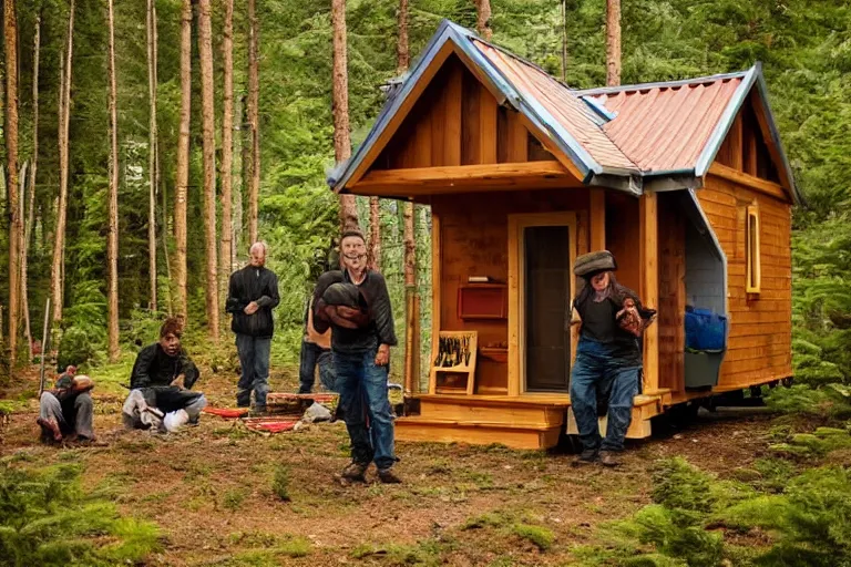 Prompt: movie scene, real life team of gnome people building a tiny house in their forest village natural lighting by emmanuel lubezki