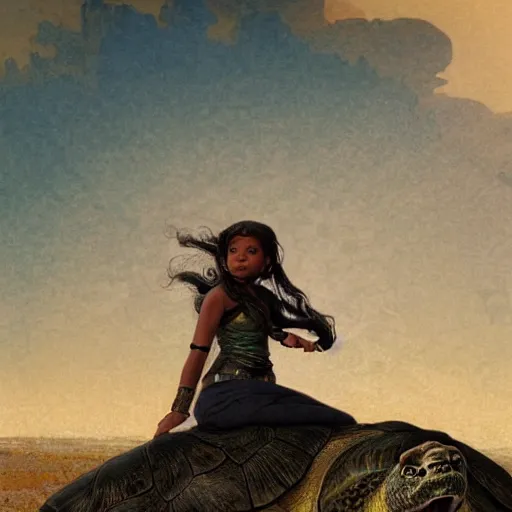 Image similar to a little warrior girl sitting on top of a giant turtle that is walking in the desert, seen from a distance. the girl is fully visible and has dark skin, realistic full body and a very beautiful detailed face with long black hair. diffuse light, dramatic sky and landscape, fantasy illustration by mucha